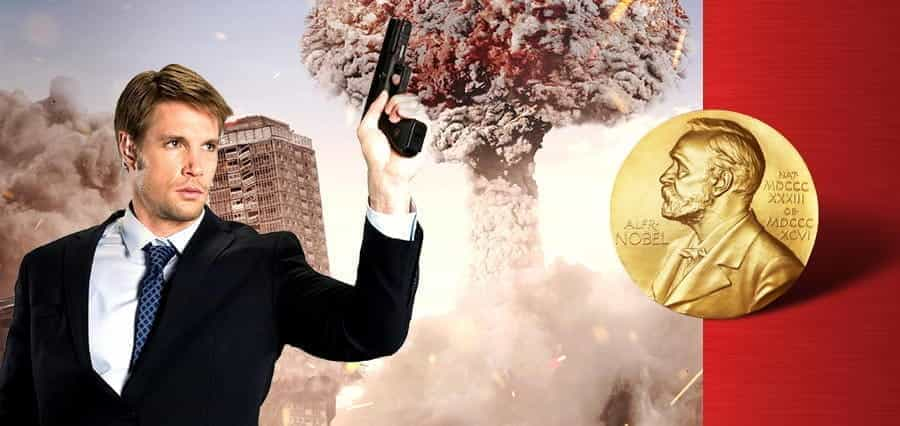 A man holding a gun, an explosion and a gold medal.